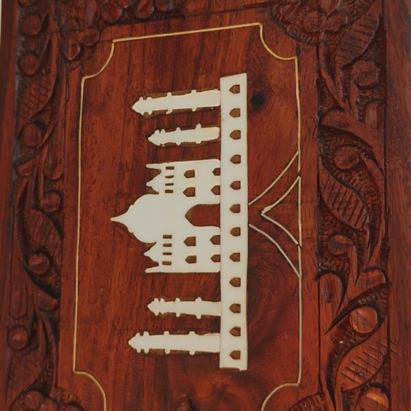 Vintage Archana Wood Jewelry Trinket Box Carved Designs Inlay Taj Mahal on Lid - Picture 6 of 11